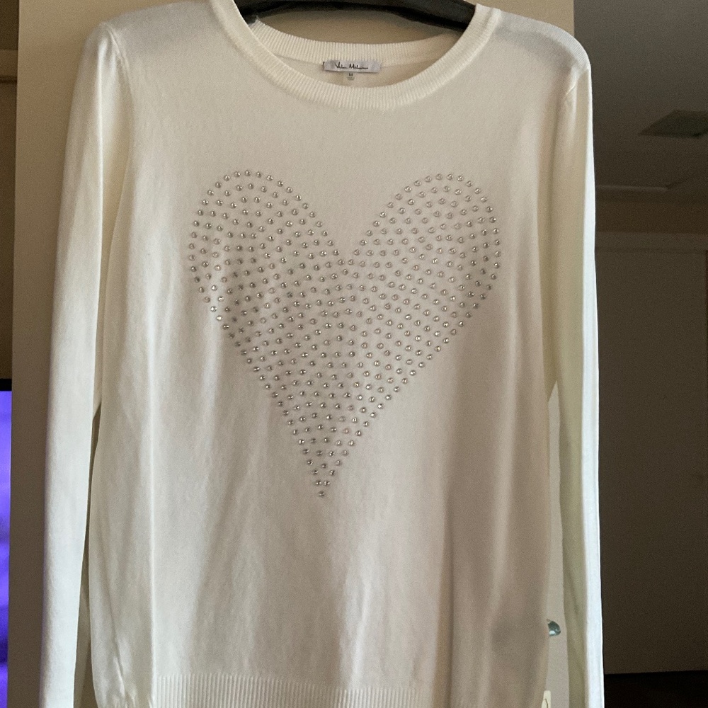 Vila Milani cream long sleeve sweater, medium, clear rhinestone heart.